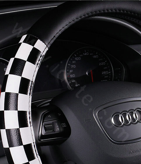 Discount Classic Plaids PU Leather Car Steering Wheel Covers 15 inch 38CM - Black White