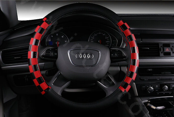 Discount Classic Plaids PU Leather Car Steering Wheel Covers 15 inch 38CM - Red Black