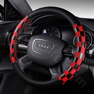 Discount Classic Plaids PU Leather Car Steering Wheel Covers 15 inch 38CM - Red Black