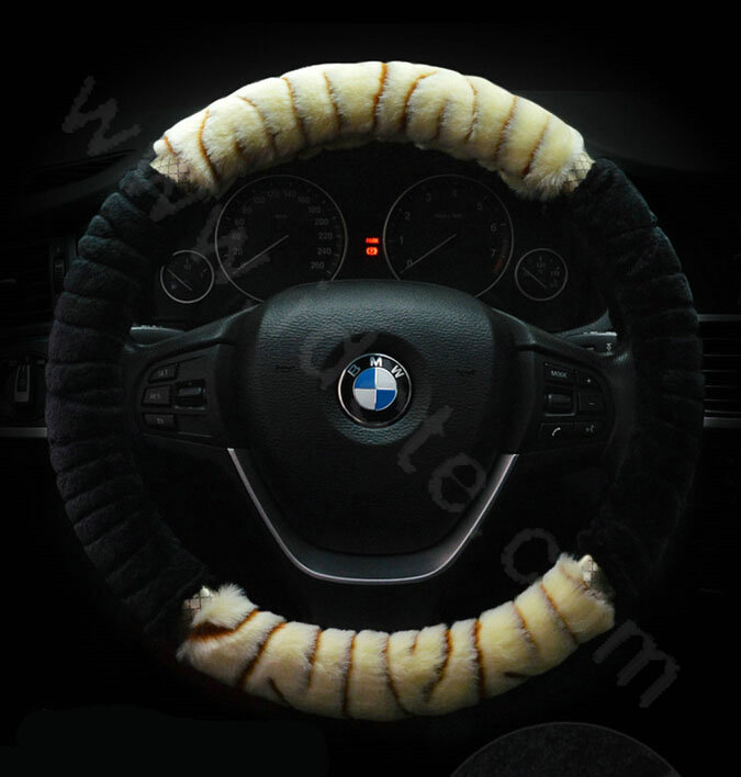 Discount Zebra Winter Plush Automobile Car Steering Wheel Covers 15 inch 38CM - Beige Black
