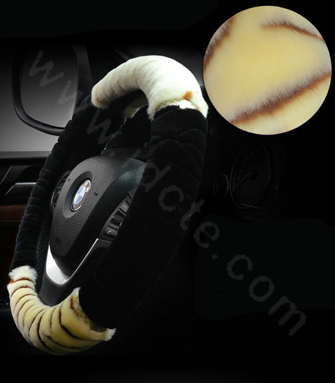 Discount Zebra Winter Plush Automobile Car Steering Wheel Covers 15 inch 38CM - Beige Black