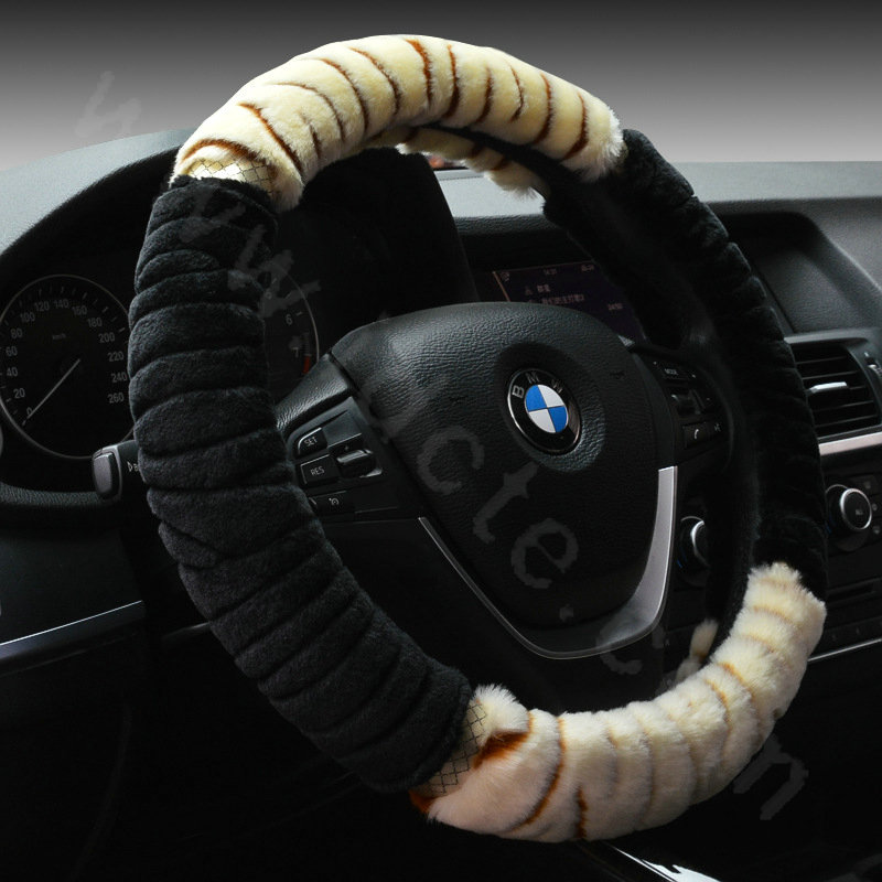 Discount Zebra Winter Plush Automobile Car Steering Wheel Covers 15 inch 38CM - Beige Black