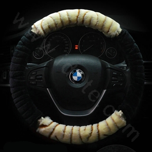 Discount Zebra Winter Plush Automobile Car Steering Wheel Covers 15 inch 38CM - Beige Black