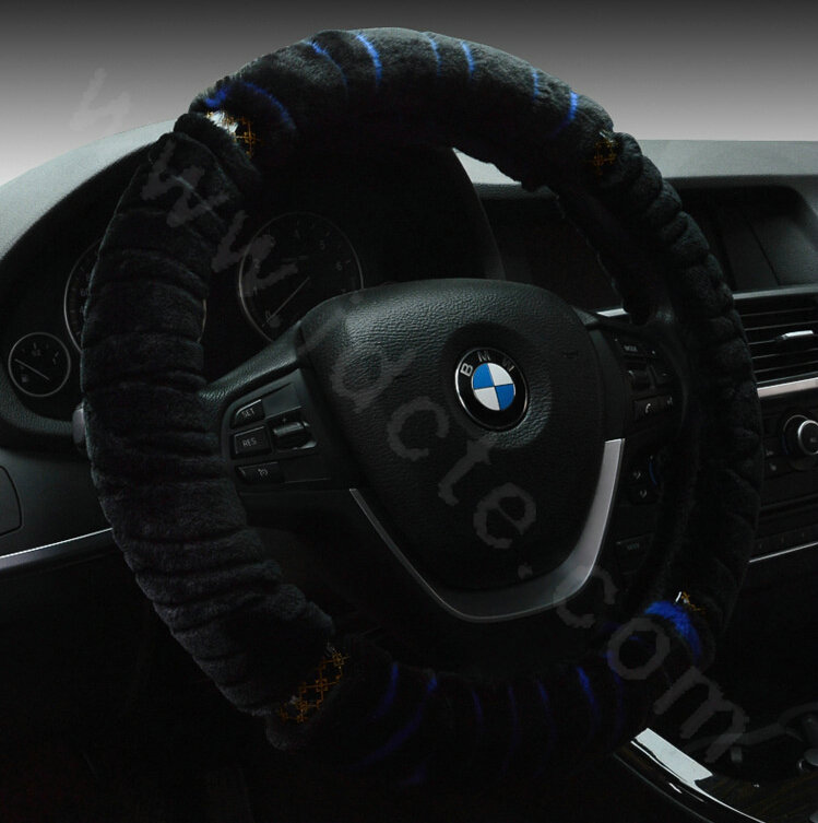 Discount Zebra Winter Plush Automobile Car Steering Wheel Covers 15 inch 38CM - Blue Black