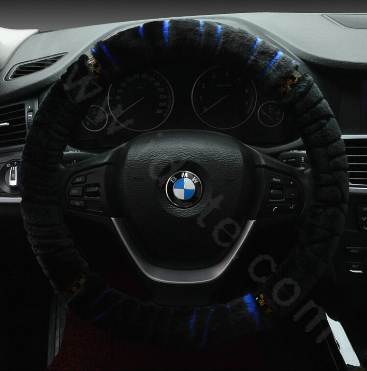 Discount Zebra Winter Plush Automobile Car Steering Wheel Covers 15 inch 38CM - Blue Black