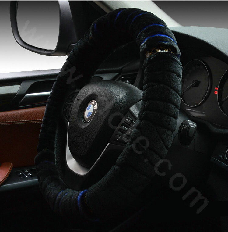 Discount Zebra Winter Plush Automobile Car Steering Wheel Covers 15 inch 38CM - Blue Black