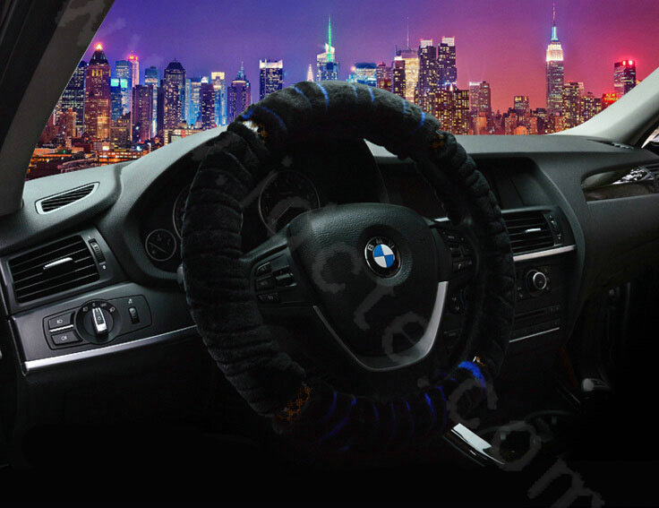 Discount Zebra Winter Plush Automobile Car Steering Wheel Covers 15 inch 38CM - Blue Black