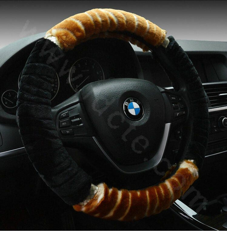 Discount Zebra Winter Plush Automobile Car Steering Wheel Covers 15 inch 38CM - Brown Black
