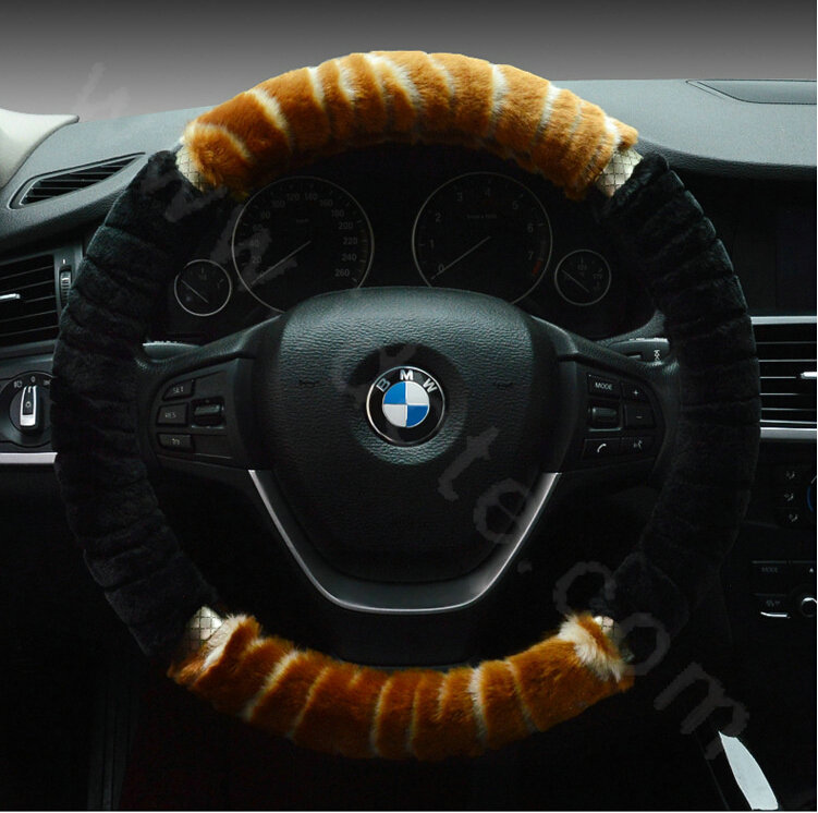Discount Zebra Winter Plush Automobile Car Steering Wheel Covers 15 inch 38CM - Brown Black