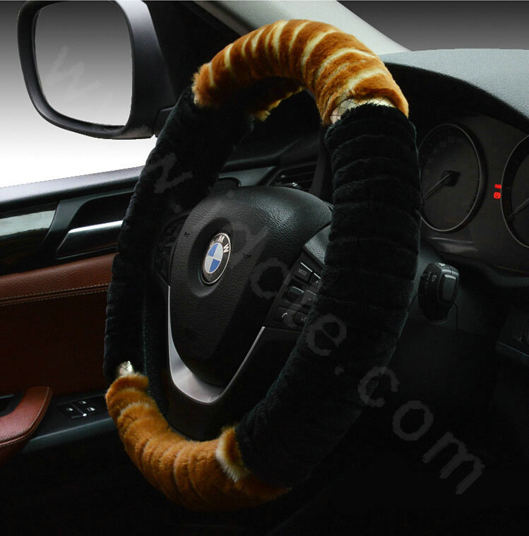 Discount Zebra Winter Plush Automobile Car Steering Wheel Covers 15 inch 38CM - Brown Black