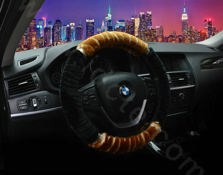 Discount Zebra Winter Plush Automobile Car Steering Wheel Covers 15 inch 38CM - Brown Black