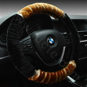 Discount Zebra Winter Plush Automobile Car Steering Wheel Covers 15 inch 38CM - Brown Black