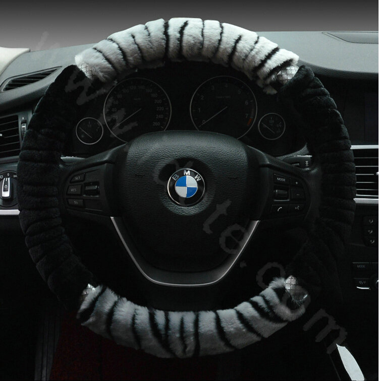 Discount Zebra Winter Plush Automobile Car Steering Wheel Covers 15 inch 38CM - Grey Black
