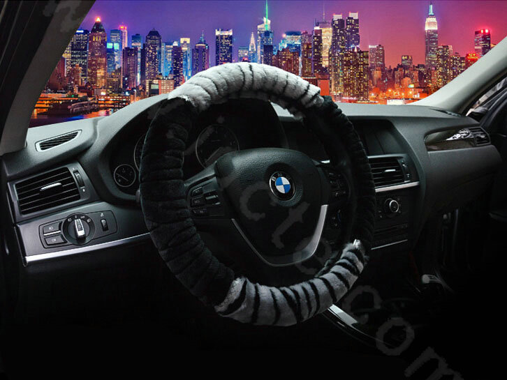 Discount Zebra Winter Plush Automobile Car Steering Wheel Covers 15 inch 38CM - Grey Black