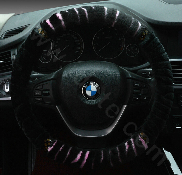 Discount Zebra Winter Plush Automobile Car Steering Wheel Covers 15 inch 38CM - Pink Black