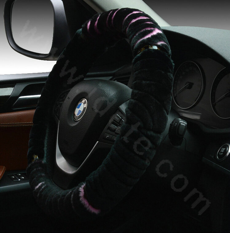 Discount Zebra Winter Plush Automobile Car Steering Wheel Covers 15 inch 38CM - Pink Black