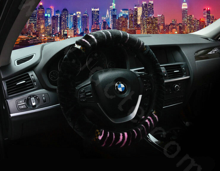 Discount Zebra Winter Plush Automobile Car Steering Wheel Covers 15 inch 38CM - Pink Black
