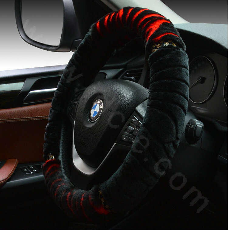 Discount Zebra Winter Plush Automobile Car Steering Wheel Covers 15 inch 38CM - Red Black