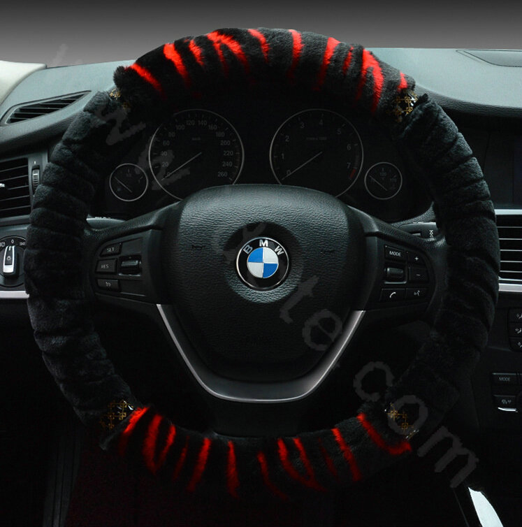 Discount Zebra Winter Plush Automobile Car Steering Wheel Covers 15 inch 38CM - Red Black