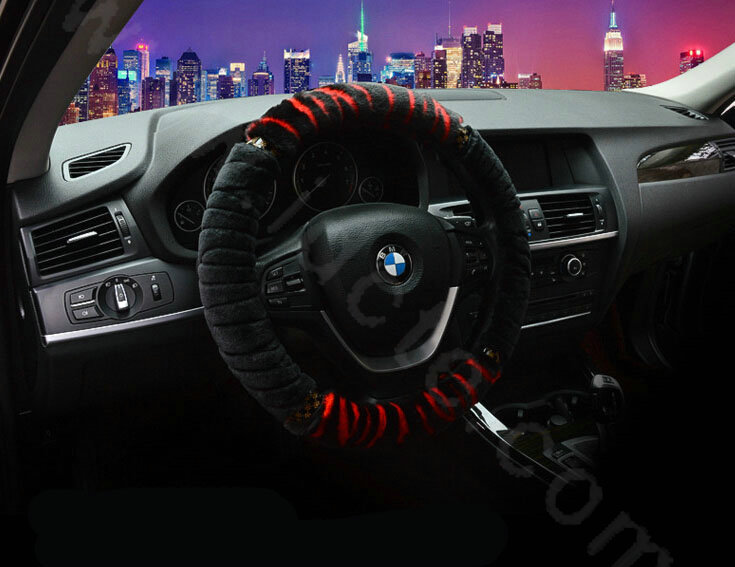 Discount Zebra Winter Plush Automobile Car Steering Wheel Covers 15 inch 38CM - Red Black