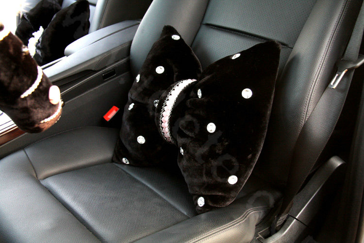 Elegant Bowknot Pearl Diamond Genuine Wool Car Lumbar Pillow Back Support Cushion 1pcs - Black