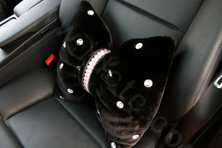 Elegant Bowknot Pearl Diamond Genuine Wool Car Lumbar Pillow Back Support Cushion 1pcs - Black