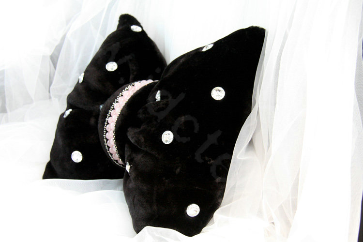 Elegant Bowknot Pearl Diamond Genuine Wool Car Lumbar Pillow Back Support Cushion 1pcs - Black