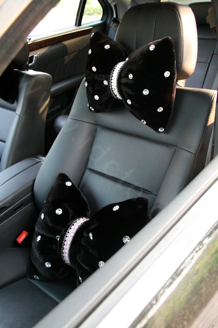 Elegant Bowknot Pearl Diamond Genuine Wool Car Lumbar Pillow Back Support Cushion 1pcs - Black