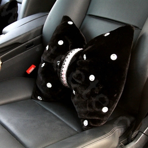 Elegant Bowknot Pearl Diamond Genuine Wool Car Lumbar Pillow Back Support Cushion 1pcs - Black