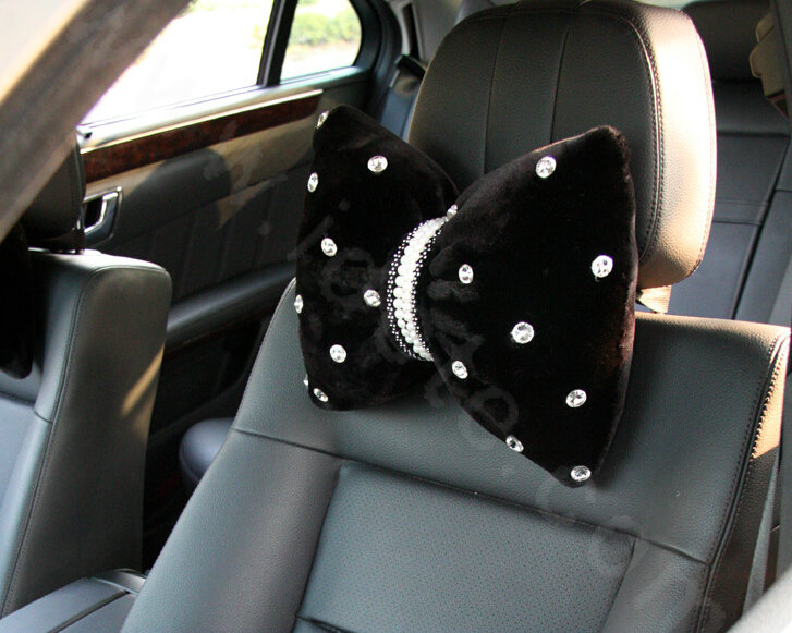 Elegant Bowknot Pearls Genuine Wool Auto Neck Safety Pillow Interior Accessories 1pcs - Black