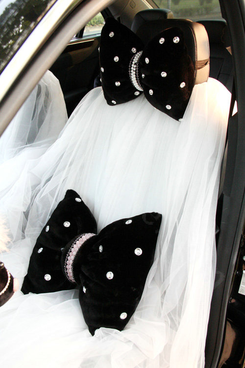 Elegant Bowknot Pearls Genuine Wool Auto Neck Safety Pillow Interior Accessories 1pcs - Black