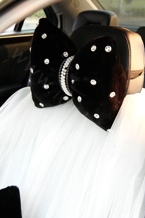Elegant Bowknot Pearls Genuine Wool Auto Neck Safety Pillow Interior Accessories 1pcs - Black