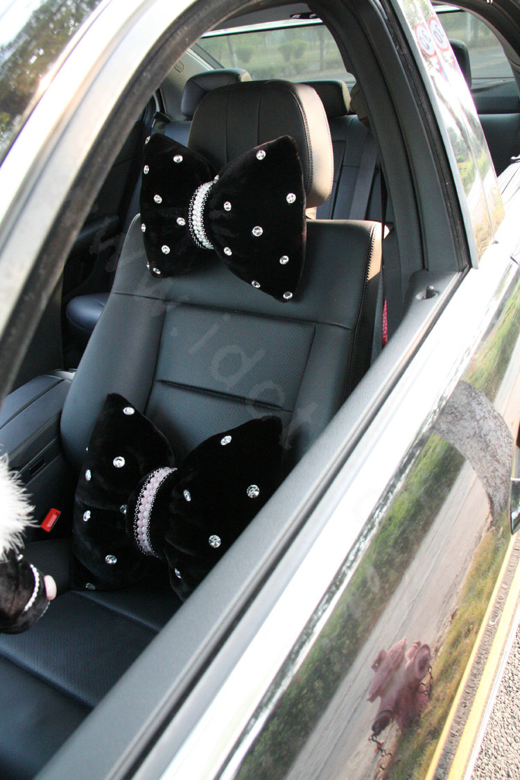 Elegant Bowknot Pearls Genuine Wool Auto Neck Safety Pillow Interior Accessories 1pcs - Black