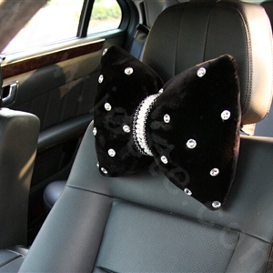 Elegant Bowknot Pearls Genuine Wool Auto Neck Safety Pillow Interior Accessories 1pcs - Black