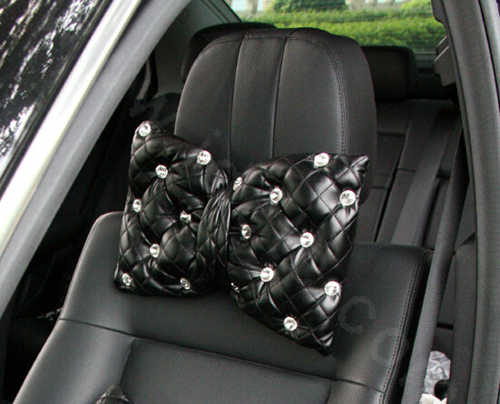 Elegant Bowknot Rhinestone Car Headrest Genuine Sheepskin Neck Safety Pillow 1pcs - Black