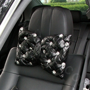 Elegant Bowknot Rhinestone Car Headrest Genuine Sheepskin Neck Safety Pillow 1pcs - Black