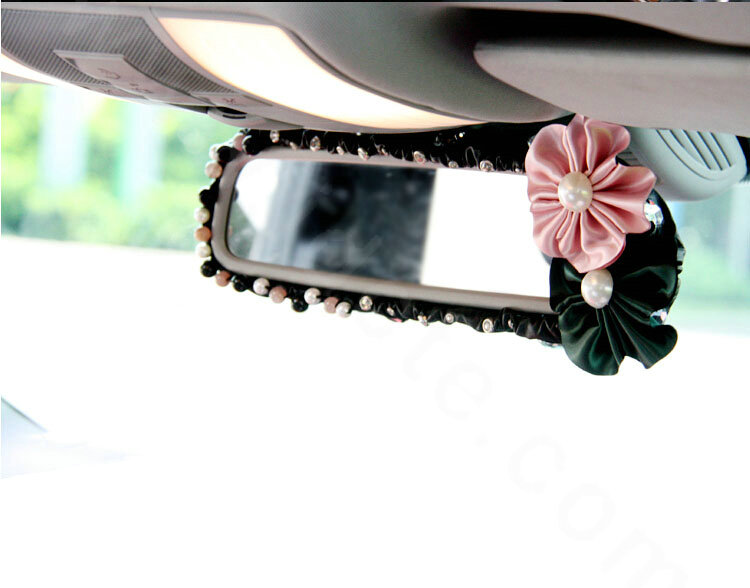 Elegant Crystal Beads Rose Genuine Sheepskin Car Rearview Mirror Elastic Covers - Black