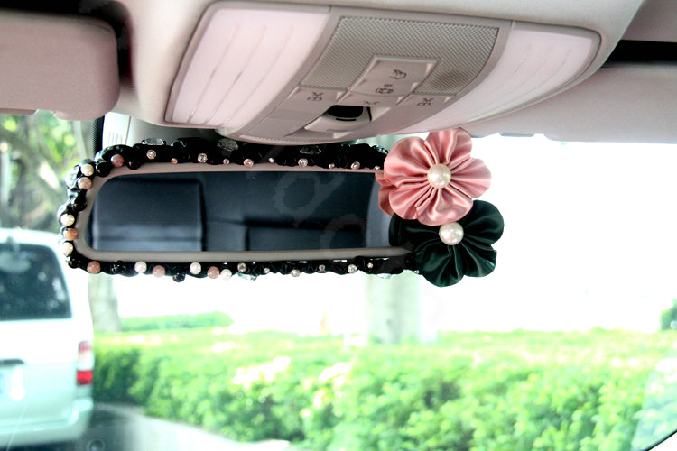 Elegant Crystal Beads Rose Genuine Sheepskin Car Rearview Mirror Elastic Covers - Black