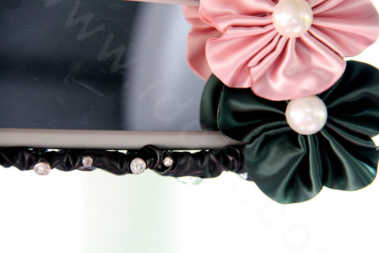 Elegant Crystal Beads Rose Genuine Sheepskin Car Rearview Mirror Elastic Covers - Black