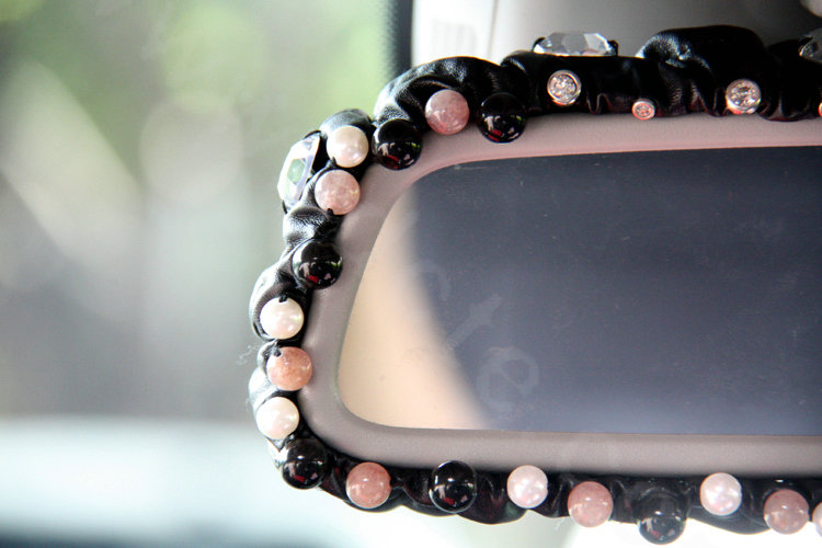 Elegant Crystal Beads Rose Genuine Sheepskin Car Rearview Mirror Elastic Covers - Black