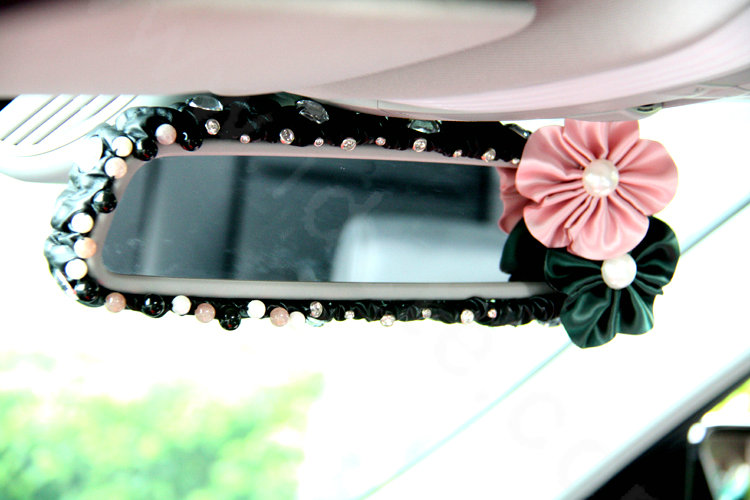Elegant Crystal Beads Rose Genuine Sheepskin Car Rearview Mirror Elastic Covers - Black