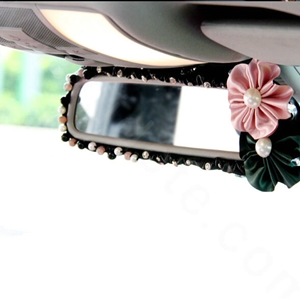 Elegant Crystal Beads Rose Genuine Sheepskin Car Rearview Mirror Elastic Covers - Black