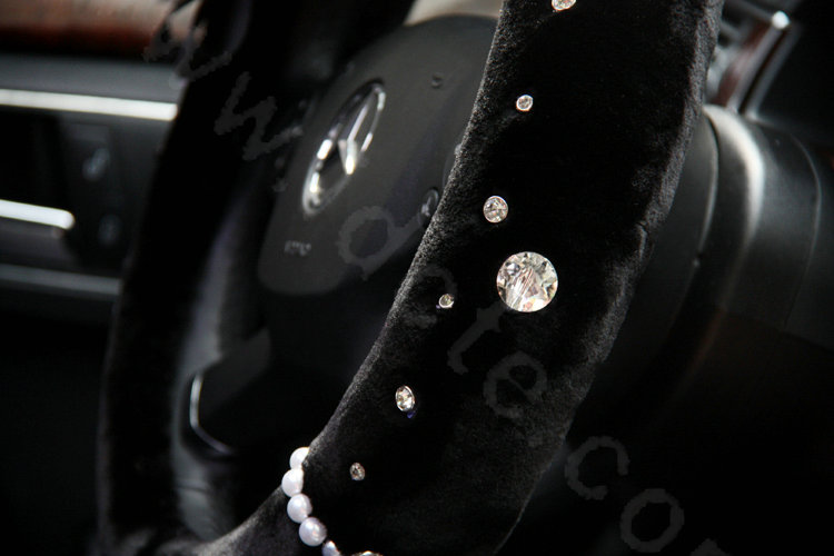 Elegant Crystal Pearls Rose Genuine Wool Auto Steering Wheel Covers 15 inch 38CM - Black