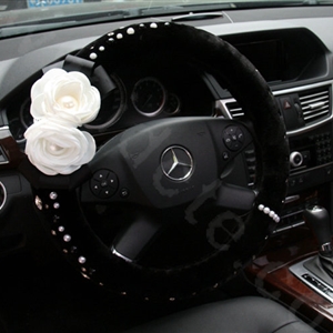 Elegant Crystal Pearls Rose Genuine Wool Auto Steering Wheel Covers 15 inch 38CM - Black