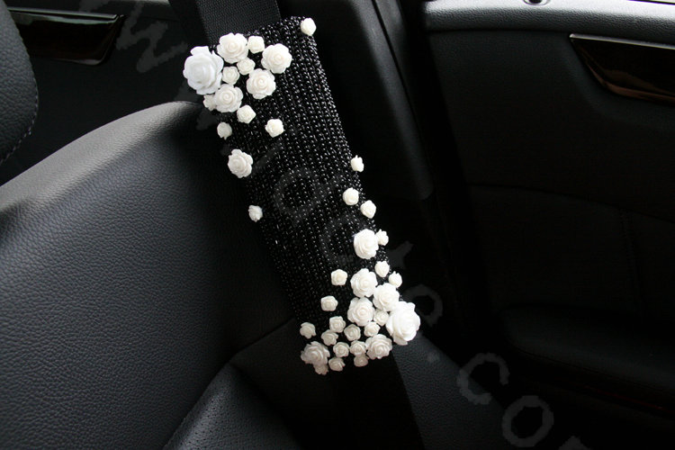 Elegant Female Ceramic Flower Pearl Beaded Auto Seat Safety Belt Covers 2pcs - Black