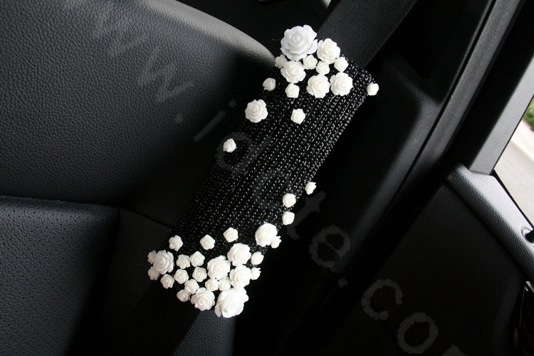 Elegant Female Ceramic Flower Pearl Beaded Auto Seat Safety Belt Covers 2pcs - Black