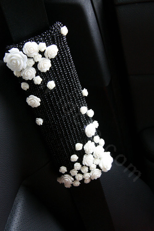 Elegant Female Ceramic Flower Pearl Beaded Auto Seat Safety Belt Covers 2pcs - Black