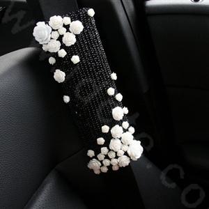 Elegant Female Ceramic Flower Pearl Beaded Auto Seat Safety Belt Covers 2pcs - Black