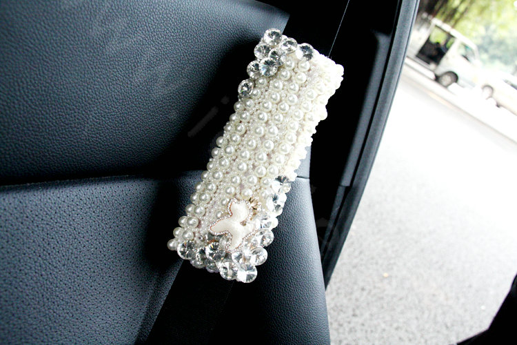 Elegant Female Crystal Beads Pearls Auto Seat Safety Belt Covers Genuine Sheepskin 2pcs - White