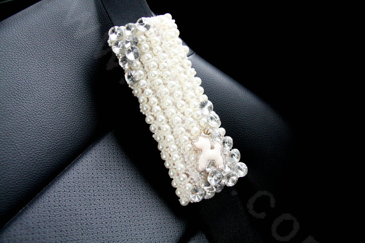 Elegant Female Crystal Beads Pearls Auto Seat Safety Belt Covers Genuine Sheepskin 2pcs - White